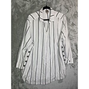 Como Vintage 1X Blue Gray Striped Rayon Tunic Collared Blouse Loose Fit